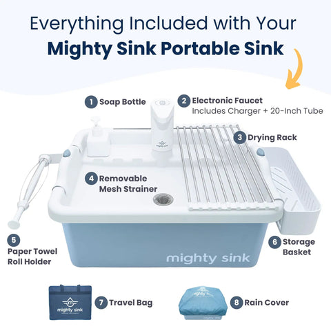 Mighty Sink Portable Sink with soap bottle, electronic faucet, drying rack, removable strainer, and storage basket.