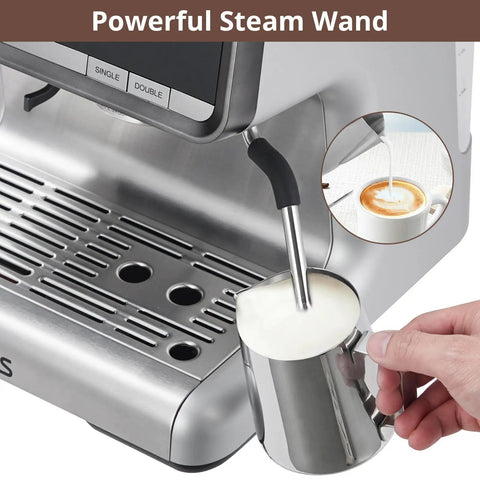 Top Shelf Espresso Machine With Integrated Grinder And Effortless Milk Frother Pro Level Coffee Maker showing powerful steam wand in use.