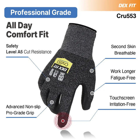Level 5 Cut Resistant Gloves Cru553 showing touchscreen feature and ANSI A5 protection, black and gray, large size.