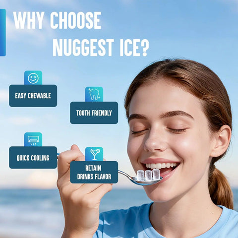 Woman enjoying chewable ice nuggets from Countertop Nugget Ice Maker With FlashChill For Fast Ice In Six Minutes, Chewable Nuggets