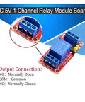 DC 5V 1 Channel Relay Module Board with connection details and optocoupler, labeled NO, COM, NC for Arduino projects.