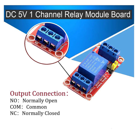 DC 5V 1 Channel Relay Module Board with connection details and optocoupler, labeled NO, COM, NC for Arduino projects.