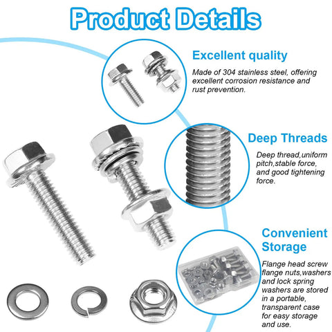 10 Sets 5/16-18 By 1 Inch Flanged Hex Bolts Kit With 5/16-18 Nuts Flat Washers And Spring Lock Washers In 304 Stainless Steel 18-8