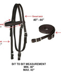 Nylon Padded Equestrian Browband Headstall With Reins And Breast Collar Set For Horse, measurements and dimensions shown.