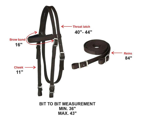 Nylon Padded Equestrian Browband Headstall With Reins And Breast Collar Set For Horse, measurements and dimensions shown.