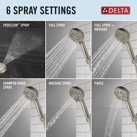 ProClean Handheld Shower Head With High Pressure Spray 6 Settings Brushed Nickel SpotShield Finish shown in various spray modes.