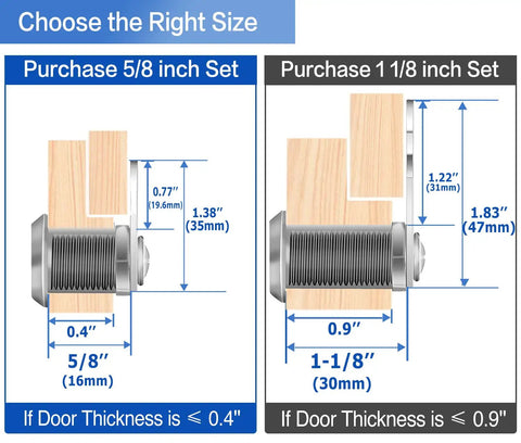 Diagram comparing 5/8 inch and 1 1/8 inch keyed alike cam locks for cabinets, drawers, RVs with fitting panel and door thickness guidelines.