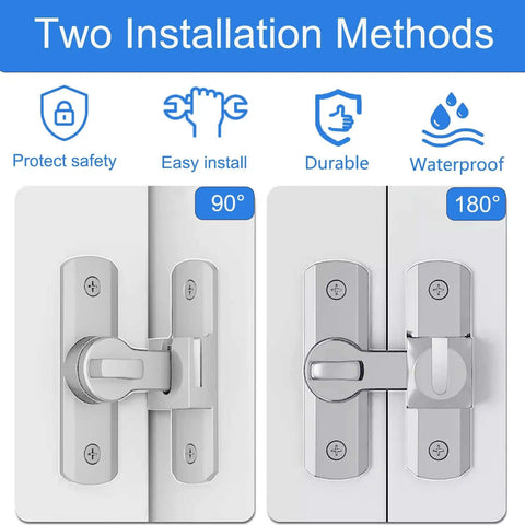 Two installation methods for adjustable 90 and 180 degree barn door lock heavy duty rust proof sliding door latch.