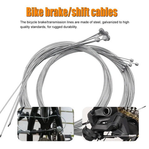 Pro Grade 107 Piece Bike Cable Kit with stainless steel cables and brake housing, displayed alongside bike brake and shift examples.