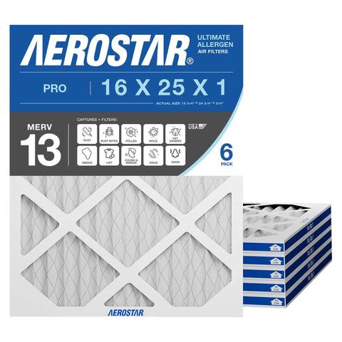 MERV 13 Allergen Fighter Air Filter 16x25x1 For Your Home HVAC, 6 Pack, Actual Size 15.75 x 24.75 x 0.75, packaging and stacked filters