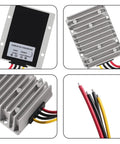 Automatic Buck Boost Converter Steps 8V Up To 40V Input Directly Into A Rock Solid 13.8V Fixed Output With 25 Amp Capacity Multi Protection For Golf Carts And Led Installations, showing aluminum housing and wiring.