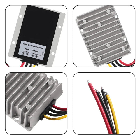 Automatic Buck Boost Converter Steps 8V Up To 40V Input Directly Into A Rock Solid 13.8V Fixed Output With 25 Amp Capacity Multi Protection For Golf Carts And Led Installations, showing aluminum housing and wiring.