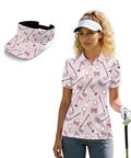 Women’s Moisture-Wicking Golf Polo Shirt And Visor Set, lightweight pink 1/4 button up short sleeve top with visor shown on model.
