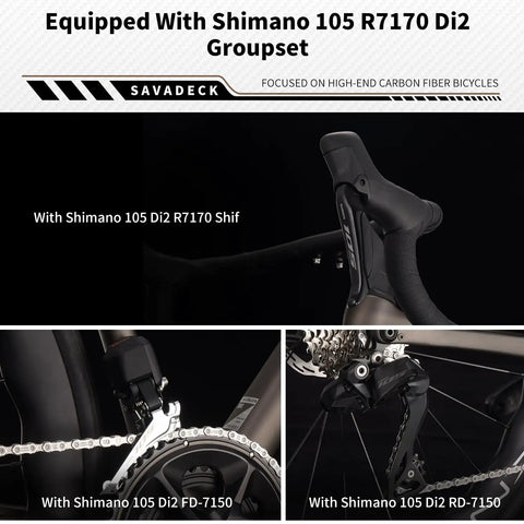 Close-up of Shimano 105 R7170 Di2 components on Carbon Road Bike With Ultra Light T1000 Frame, featuring disc brakes and sleek design.