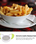 PRETYZOOM potato cutter handheld with lime-green ends and stainless steel grid blade beside a bowl of French fries.