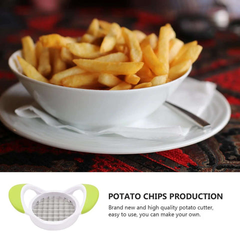 PRETYZOOM potato cutter handheld with lime-green ends and stainless steel grid blade beside a bowl of French fries.