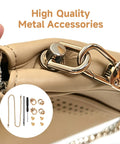 Close-up of Gold D Ring Hardware Kit For Purse Straps With 360 Rotatable D Rings on beige bag, showing metal connectors