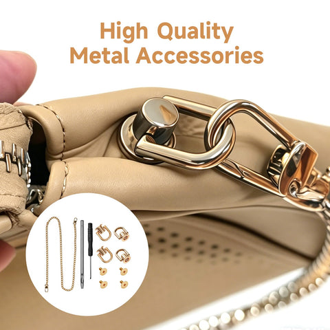 Close-up of Gold D Ring Hardware Kit For Purse Straps With 360 Rotatable D Rings on beige bag, showing metal connectors