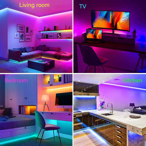 Vivid RGB IC LED Strip Lights with app and remote in living room, TV, bedroom, kitchen; colorful, dimmable backlight setup.