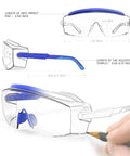 Anti Fog Safety Goggles Over Glasses With Scratch Resistant Lenses And Six Layer Anti Fog Coating Adjustable Frame And Temples Clear Lab Eyewear For Men And Women Protective Goggles Blue One Pair with measurements.