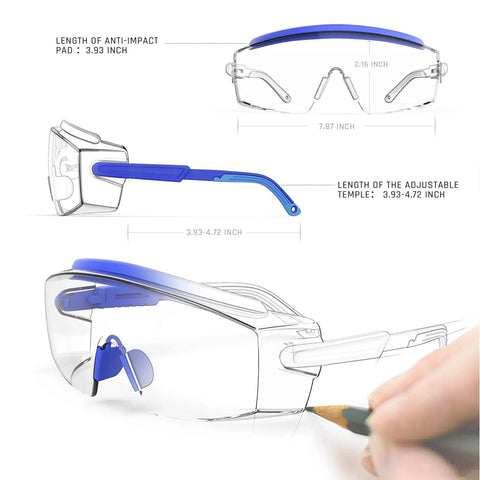 Anti Fog Safety Goggles Over Glasses With Scratch Resistant Lenses And Six Layer Anti Fog Coating Adjustable Frame And Temples Clear Lab Eyewear For Men And Women Protective Goggles Blue One Pair with measurements.