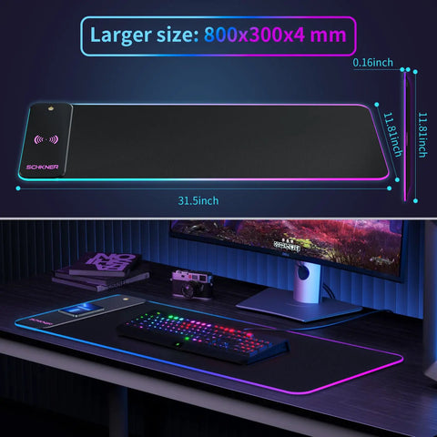 RGB Gaming Mouse Pad With 15W Wireless Charging, Massive 800x300x4mm Desk Mat, 10 Light Modes, on gaming desk setup