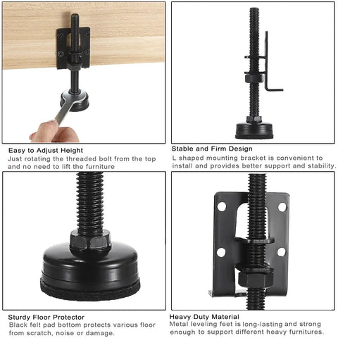 Heavy Duty Four Pack Adjustable Furniture Levelers With Grippy Felt Pads Dead Serious Stability For Cabinets Shelves close-up of installation with height adjustment tool.