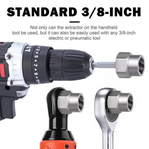 14 Piece Pro Grade Bolt Extractor Kit With Impact Nut Remover Set And Three Eighths Inch Adapter shown with drill and wrenches