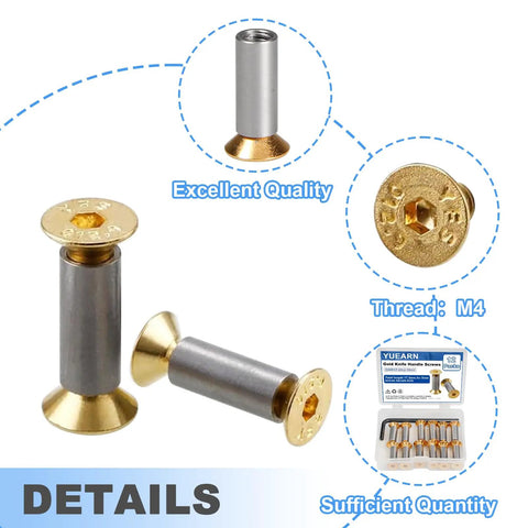 12 Pieces Knife Handle Screws And 24 Flat Head Bolts Gold Hex Fasteners For Knife Blade Fixing, includes close-up of screw and packaging