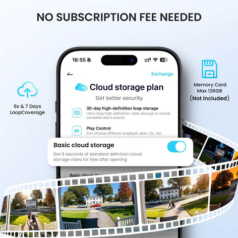 Smartphone screen showing cloud storage features for Wireless 2K Doorbell Camera With No Monthly Fees, Ultra Wide View, Real Time PIR Motion Alerts.