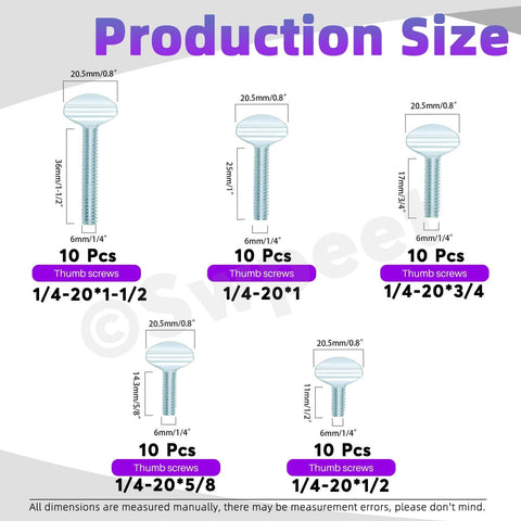Diagram showing 50Pcs Thumb Screw Assortment Kit, 1/4-20 Thread, Fully Threaded Galvanized Carbon Steel, with sizes 1/2" to 1-1/2".