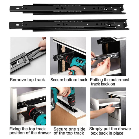 8 Inch Heavy Duty Full Extension Drawer Slides With Smooth Ball Bearing Runners For Kitchen Cabinets, Bathroom Vanities, Garage Tools, Side Mount Rails, Durable Metal Construction, Ideal For DIY Projects installed with drill