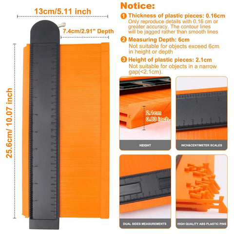 10 Inch Contour Gauge Duplicator with Lock featuring metal lock, ABS plastic, and dual inch/CM scales for precise shape duplication