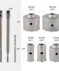 9 In 1 Hole Saw Kit For SDS Plus And Max Hammer Drills Heavy Duty Masonry Hole Saw Set with five saws and dual pilot bits