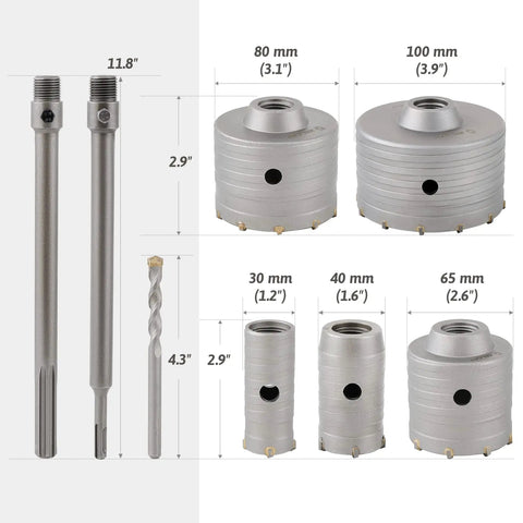 9 In 1 Hole Saw Kit For SDS Plus And Max Hammer Drills Heavy Duty Masonry Hole Saw Set with five saws and dual pilot bits