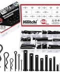 100 Piece Clevis Pins Kit With 10 Sizes M5 M6 M8 M10 M12 Plus Cotter Pins And Hair Pins displayed in packaging.