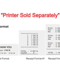 Image showing printer label and receipt formats for weights, with 'Printer Sold Separately' notice in red text.