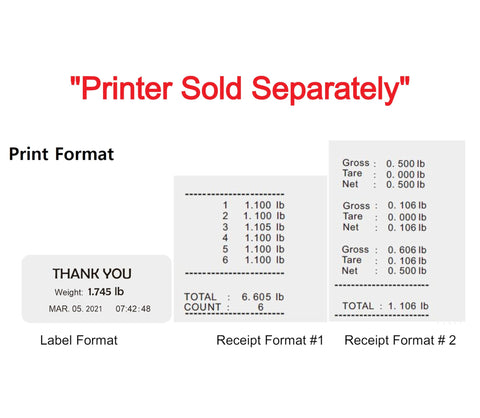 Print formats showing label and receipts for Heavy Duty Commercial Platform Scale With Lb Kg Switchable Dial, Ntep Legal For Trade.