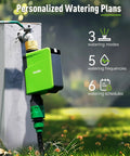 WiFi Hose Timer With Brass Inlet Smart Sprinkler Timer on outdoor faucet showcasing watering modes and schedules.