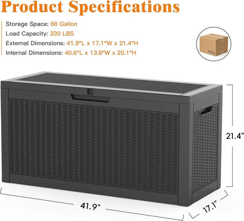 66 Gallon All Weather Outdoor Storage Box With Locking Lid For Deck Patio And Garden, dimensions shown, waterproof design