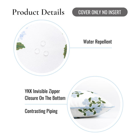 Coastal Patio Lumbar Pillow Cover 12x20 Water Repellent Outdoor Indoor Cushion with Baby Blue Hydrangea Print and piping details