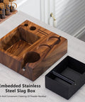 Top Shelf Natural Walnut Espresso Knock Box And Tamp Station, removable stainless steel grounds holder, organizer with embedded slag box.