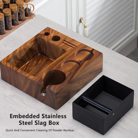 Top Shelf Natural Walnut Espresso Knock Box And Tamp Station, removable stainless steel grounds holder, organizer with embedded slag box.