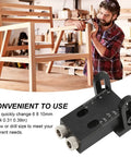 Premium Woodworking Punch Locator With 15 Degree Inclined Angle Hole Guide For Drill Bits And Precision Jointing, Compact Aluminum Alloy Fixture shown with wooden chair.