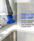 Two Pack Faucet Aerator Replacement For RP53998 Comes With Removal Wrench M21.5 Thread and 2.2 GPM Water Flow Control shown mounted on sink.