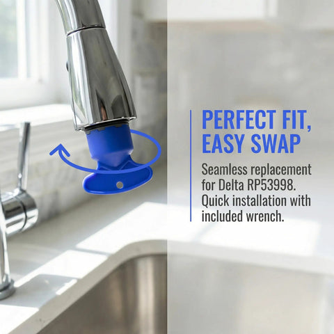 Two Pack Faucet Aerator Replacement For RP53998 Comes With Removal Wrench M21.5 Thread and 2.2 GPM Water Flow Control shown mounted on sink.