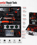 899-Piece Home Repair Tool Set With Rolling Aluminum Tool Chest And Four-Drawer Case, tools displayed in case