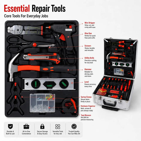 899-Piece Home Repair Tool Set With Rolling Aluminum Tool Chest And Four-Drawer Case, tools displayed in case