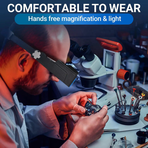 Jeweler using Hands Free Magnifying Glass Visor With Light, Rechargeable Headband Magnifier With 4 Interchangeable Lenses