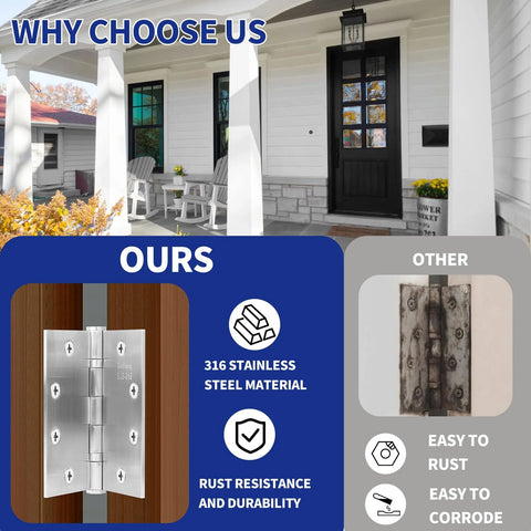 316 Stainless Steel Marine-Grade Door Hinges 4.5x4.5 Inches, heavy duty ball bearing exterior outswing hinges comparison with rusted hinge